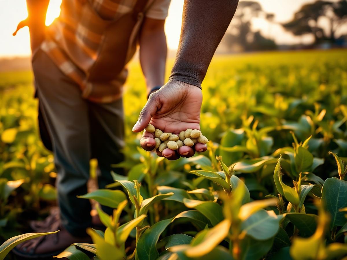 A farmer inspecting soybean pods in a Zimbabwean field at sunrise
